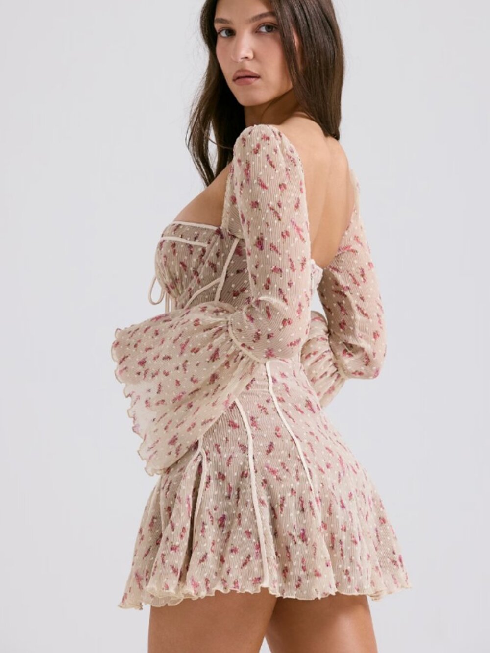 Analissa Vintage Cream Rose Print Corset Mini Dress - Picture 2 of 5